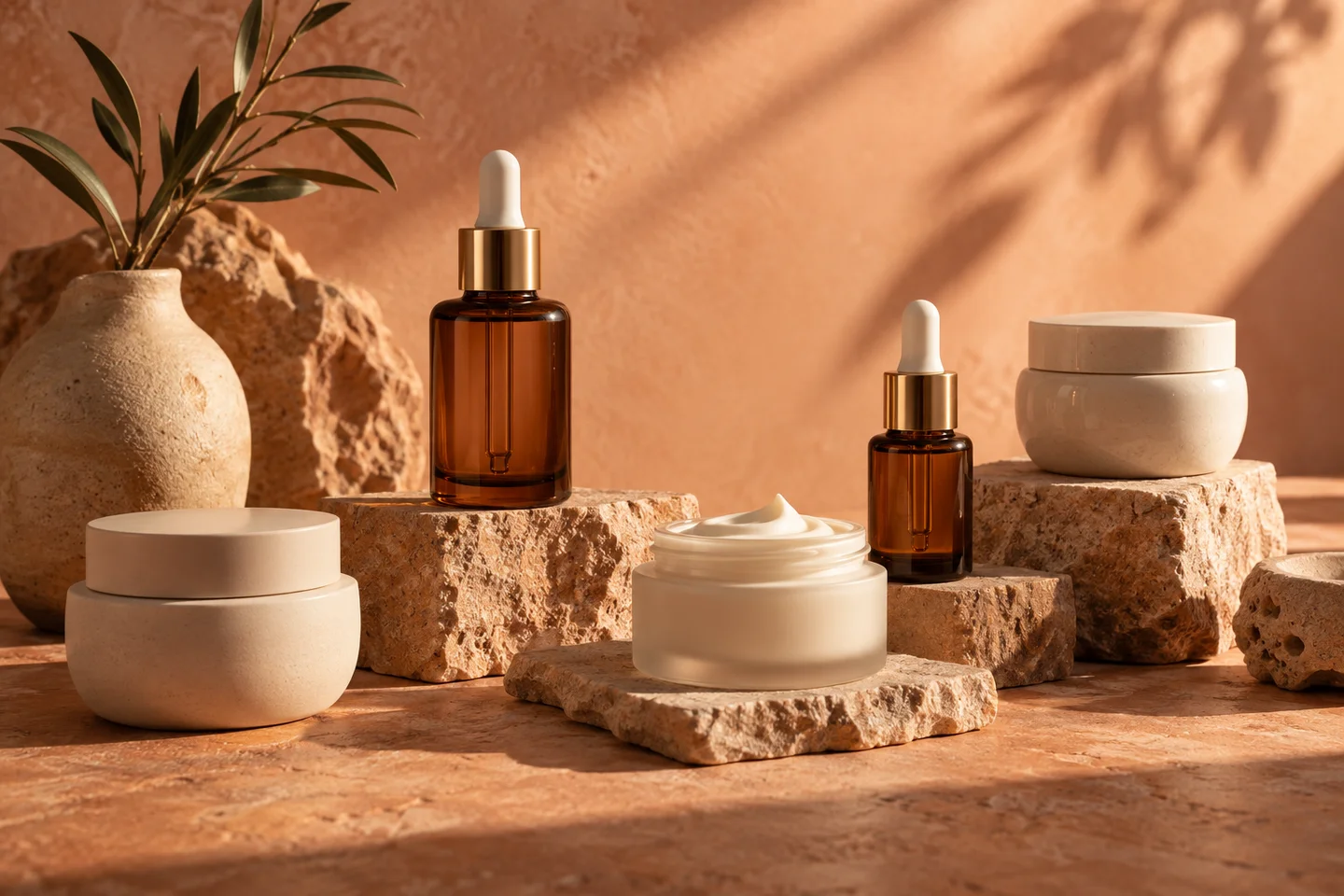 Original skincare still life with serum bottles and cream jars